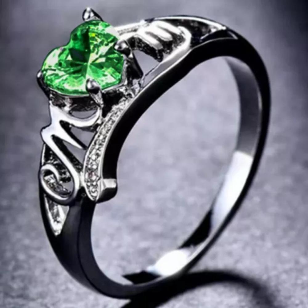 MOM Heart Shape Green Stone Silver Tone Ring